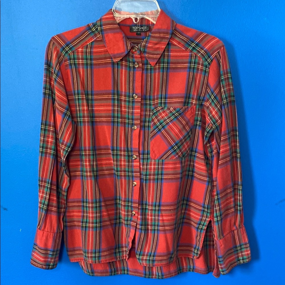 TOPSHOP Women’s Red Plaid Cotton Flannel Button Blouse Sz 6